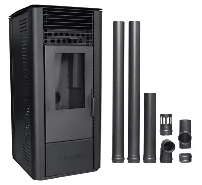 Pachet Semineu soba pe peleti cu aer cald, Fornello Sophia Premium 11 kw, aprindere  electrica, tiraj fortat, telecomanda, culoare  Black, recomandat pentru  110 mp, focar din fonta, capacitate buncar 22 kg, Kit evacuare 2.5 ml