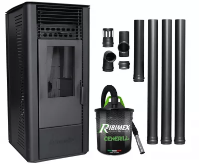 Pachet Semineu soba pe peleti cu aer cald, Fornello Sophia Premium 11 kw, aprindere  electrica, tiraj fortat, telecomanda, culoare  Black, recomandat pentru  110 mp, focar din fonta, capacitate buncar 22 kg, Kit evacuare 3.5 ml si Aspirator Cenusa