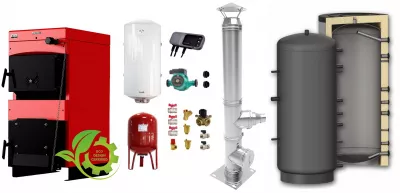 TERMOSEMINEE, SOBE SI CENTRALE PELETI - Pachet Centrala pe combustibil solid ​Sunsystem Burnit NWB MAX 55 kW, puffer, cos inox, boiler termoelectric, vas expansiune, pompa circulare, controller pompa, fitinguri montaj - Fornello