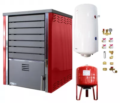 TERMOSEMINEE, SOBE SI CENTRALE PELETI - Pachet Centrala pe lemne FORNELLO SAUNA RED 30 kw echipata cu pompa de circulare, boiler termoelectric 100l, vas expansiune si kit montaj - Fornello