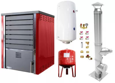TERMOSEMINEE, SOBE SI CENTRALE PELETI - Pachet Centrala pe lemne FORNELLO SAUNA RED 30 kw echipata cu pompa de circulare, cos inox, boiler termoelectric 100l, vas expansiune si kit montaj - Fornello