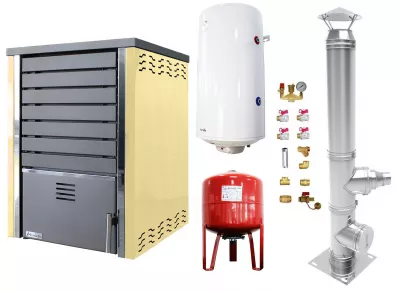 TERMOSEMINEE, SOBE SI CENTRALE PELETI - Pachet Centrala pe lemne FORNELLO SAUNA CREAM 30 kw echipata cu pompa de circulare, cos inox, boiler termoelectric 100l, vas expansiune si kit montaj - Fornello