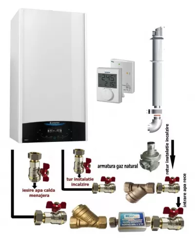 TERMOSEMINEE, SOBE SI CENTRALE PELETI - Pachet centrala termica in condensare Ariston Genus One+ 30 EU 30 kW, termostat si pachet instalare centrala termica murala,care contine toti robinetii si filtrele pentru un montaj corespunzator - Fornello