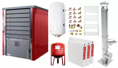 TERMOSEMINEE, SOBE SI CENTRALE PELETI - Pachet incalzire si apa calda 2 camere Centrala pe lemne FORNELLO SAUNA RED 30 kw echipata cu pompa de circulare, cos inox, boiler termoelectric 100l, vas expansiune, kit montaj si calorifere - Fornello