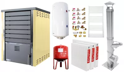TERMOSEMINEE, SOBE SI CENTRALE PELETI - Pachet incalzire si apa calda 2 camere Centrala pe lemne FORNELLO SAUNA CREAM 30 kw echipata cu pompa de circulare, cos inox, boiler termoelectric 100l, vas expansiune, kit montaj si calorifere - Fornello