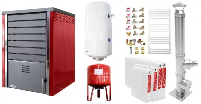TERMOSEMINEE, SOBE SI CENTRALE PELETI - Pachet incalzire si apa calda 3 camere Centrala pe lemne FORNELLO SAUNA RED 30 kw echipata cu pompa de circulare, cos inox, boiler termoelectric 100l, vas expansiune, kit montaj si calorifere - Fornello