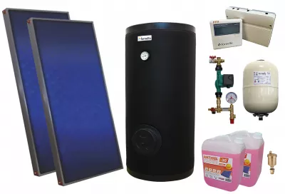 TERMOSEMINEE, SOBE SI CENTRALE PELETI - Pachet sistem solar presurizat, 2 panouri solare plane Sunsystem PÃƒ‚Å£ SL FP 2.0, Boiler cu 2 serpentine Fornello SOL 200 LT 2S, controller, vas expansiune, grup pompare, aerisitor 1/2, antigel - Fornello