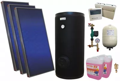 TERMOSEMINEE, SOBE SI CENTRALE PELETI - Pachet sistem solar presurizat, 3 panouri solare plane Sunsystem PÃƒ‚Å£ SL FP 2.0, Boiler cu 2 serpentine Fornello SOL 300 LT 2S, controller, vas expansiune, grup pompare, aerisitor 1/2, antigel - Fornello
