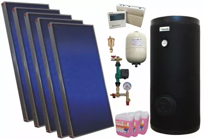 TERMOSEMINEE, SOBE SI CENTRALE PELETI - Pachet sistem solar presurizat, 5 panouri solare plane Sunsystem PÃƒ‚Å£ SL FP 2.0, Boiler cu 2 serpentine Fornello SOL 500 LT 2S, controller, vas expansiune, grup pompare, aerisitor 1/2, antigel - Fornello