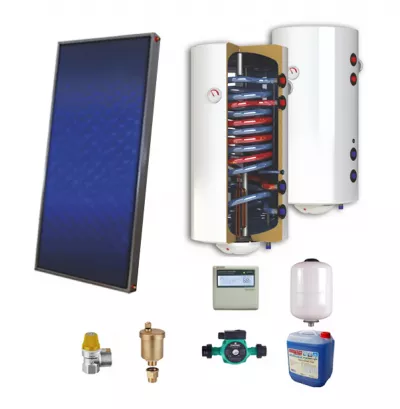 TERMOSEMINEE, SOBE SI CENTRALE PELETI - Sistem solar presurizat, panou solar plan Sunsystem PÃƒ‚Å£ SL FP 2.0, boiler cu 2 serpentine si rezistenta electrica Sunsystem 100 litri, pompa 25-60, controller, vas expansiune, antigel, supapa 1/2, aerisitor 1/2 - Fornello
