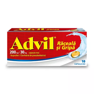 Advil răceală și gripă, 200mg/30mg, 10 capsule moi, Pfizer