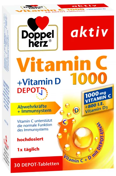 Doppelherz Aktiv Vitamina C 1000 + Vitamina D Depot, 30 comprimate