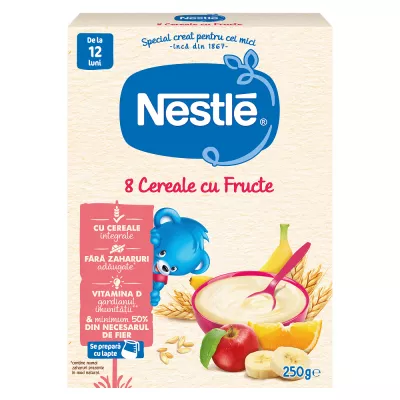 Nestle 8 cereale cu fructe, 250g, de la 12 luni