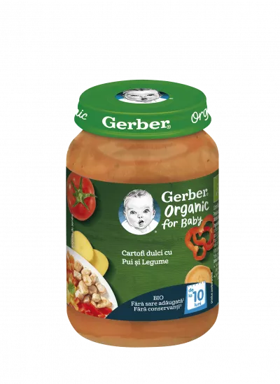 Nestle Gerber bio cartofi dulci cu pui si legume, 190g, de la 10 luni