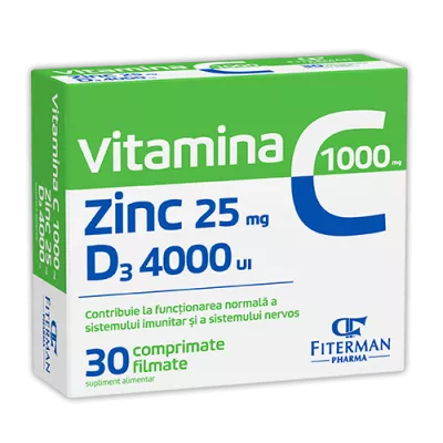 Vitamina C 1000 mg + Zinc 25 mg + D3 4000 UI, 30 comprimate filmate
