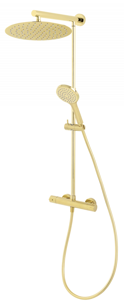 Coloana de dus FDesign Anima cu baterie termostatata, palarie 30 cm, furtun 1.5 m si para mobila, auriu lucios