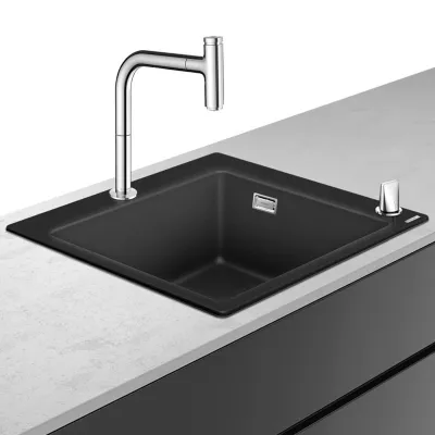 Set Hansgrohe Sink Combi C51-F450-06, chiuveta SilicaTec 56x51 cm graphite black si baterie cu doua elemente si dus extractibil