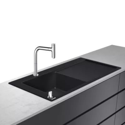 Set Hansgrohe Sink Combi C51-F450-12, chiuveta SilicaTec 105x51 cm, cuva stanga graphite black si baterie cu doua elemente si dus extractibil