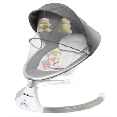 Balansoar pentru copii Karemi, patut ergonomic, cu acoperis rabatabil si plasa protectie, gri deschis