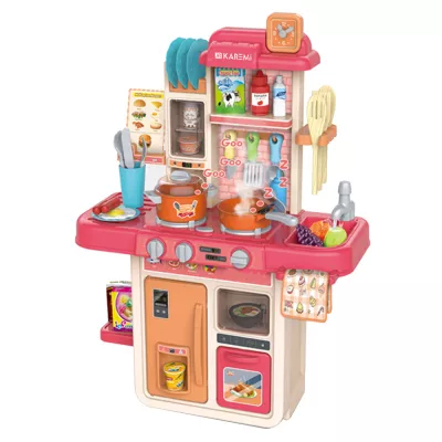 Bucatarie pentru copii Karemi, finisaje realiste, accesorii incluse, 47 x 23 x 63 cm, bej cu blat roz
