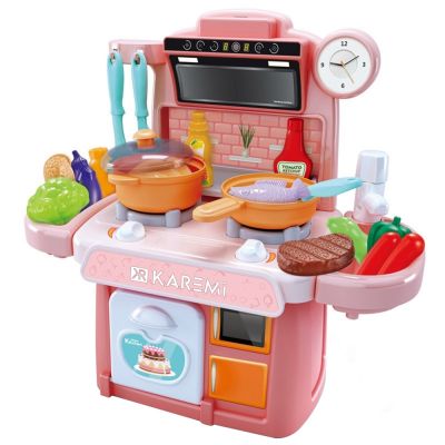 Bucatarie pentru copii Karemi, cu accesorii incluse, 26 piese, 33 x 15 x 30 cm, roz