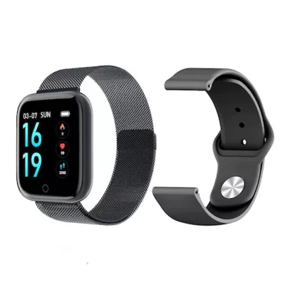 Ceas SmartWatch Loomax cu doua curele (metalica neagra, silicon neagra), SmartTime 80, 1.3" OLED Display, Model T80, Notificari retele sociale, Monitorizare Ritm Cardiac, Tensiune arteriala, Pedometru, Photo Control