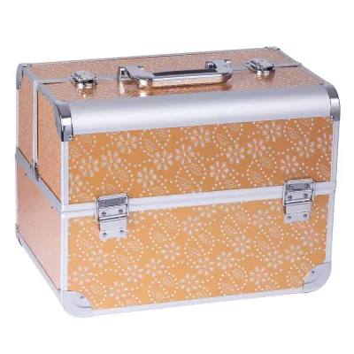 Geanta makeup pentru cosmetice, Lila Rossa, mare, cu cristale, clapeta si cheie, aurie, 38x28x25 cm 