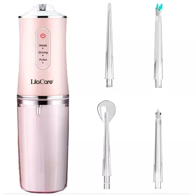 Irigator bucal profesional, dus bucal, Lila Care, Ultra-Portabil, 4 Capete Curatare, rezervor 220 ml, roz
