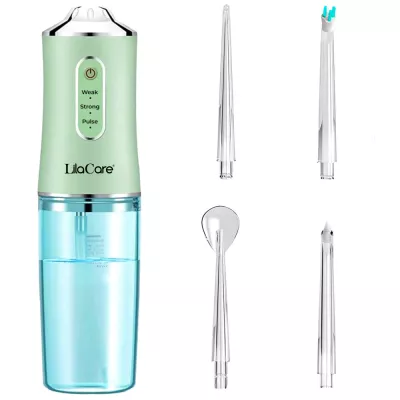 Irigator bucal profesional, dus bucal, Lila Care, Ultra-Portabil, 4 Capete Curatare, rezervor 220 ml, verde
