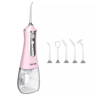 Irigator bucal profesional, dus bucal, Lila Care, Ultra-Portabil, 5 Capete Curatare, rezervor 350 ml, roz