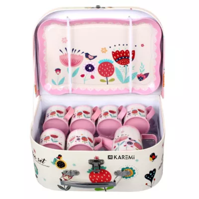 Set ceai Karemi, pentru copii, cu ceainic, cani, platou, Alb/ Roz, K01B-10023