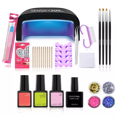 Kit unghii incepatori, Essential 4, kit oja semipermanenta cu lampa led unghii, 3 oje semipermanente, top coat, accesorii unghii Sensationail
