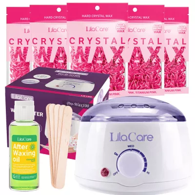 Kit epilare cu ceara granule rose, 5 x 100 g ceara, 1 x incalzitor ceara, 1 x ulei dupa epilare, 1 x set 10 spatule