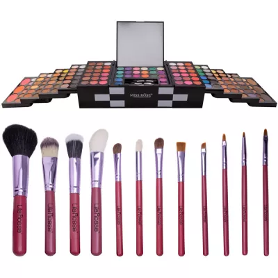 Kit makeup Glam Girl trusa cu 148 farduri si set 12 pensule cu husa