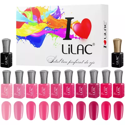 Kit oja semipermanenta, 12 oje Lilac, Pink colors, 10 culori + base coat + top coat