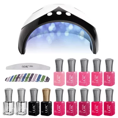 Kit oja semipermanenta Lilac, 14 oje, 10 Pink Colors + Top Coat + Base Coat + Nail Prep + Ultra Bond, Lampa 36 W, pila unghii si buffer
