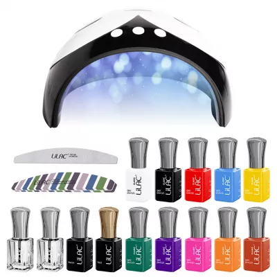Kit oja semipermanenta Lilac, 14 oje, 10 Basic Colors + Top Coat + Base Coat + Nail Prep + Ultra Bond, Lampa 36 W, pila unghii si buffer