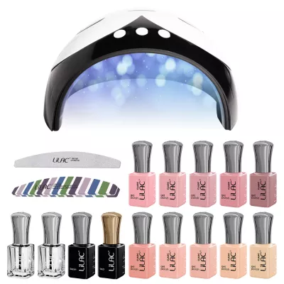 Kit oja semipermanenta Lilac, 14 oje, 10 Nude Colors + Top Coat + Base Coat + Nail Prep + Ultra Bond, Lampa 36 W, pila unghii si buffer
