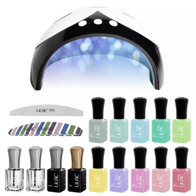 Kit oja semipermanenta Lilac, 14 oje, 10 Pastel Colors + Top Coat + Base Coat + Nail Prep + Ultra Bond, Lampa 36 W, pila unghii si buffer