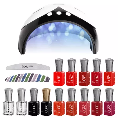 Kit oja semipermanenta Lilac, 14 oje, 10 Red Colors + Top Coat + Base Coat + Nail Prep + Ultrabond, Lampa 36 W, pila unghii si buffer