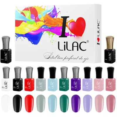 Kit oja semipermanenta Magic, Lilac, 12 oje, 10 culori Basic si Pastel, base coat si top coat