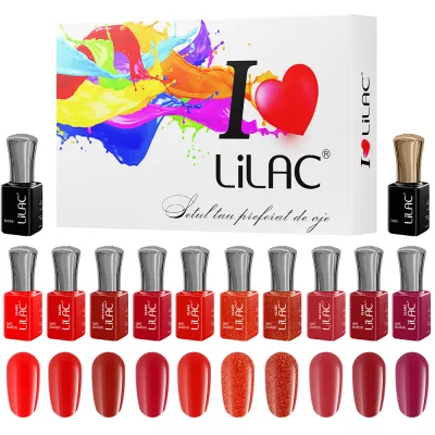 Kit oja semipermanenta Lilac, Red colors, 12 oje: 10 culori, base coat si top coat