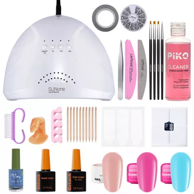Kit unghii gel Perfect Nails 2, gel de constructie NailSchool, cu lampa LED Sunone+geluri color, nail art