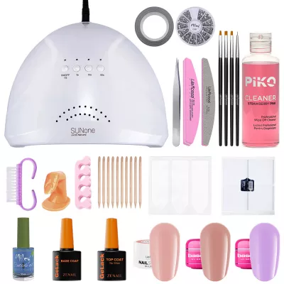 Kit unghii gel Perfect Nails 3, gel de constructie NailSchool, cu lampa LED Sunone+geluri color, nail art