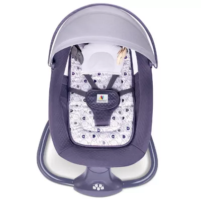 Leagan copii Karemi, Balansoar copii 3 in 1, electric, cu plasa tantari, perna detasabila, bara activitati, USB, bluetooth, telecomanda, purple