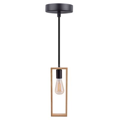 Lustra suspendata moderna din lemn natural, structura metalica, negru mat, 1 x E27