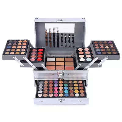 Paleta de makeup Miss Rose, 114 nuante, 4 aplicatoare, 2 creioane de buze, 2 creioane de ochi, trusa argintie
