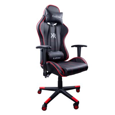 Scaun gaming Karemi, piele ecologica, 2 perne incluse, negru cu linii rosii