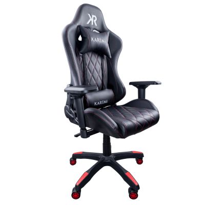 Scaun gaming Karemi, piele ecologica, 2 perne incluse, negru si rosu