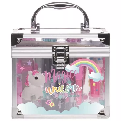 Set paleta machiaj copii tip geanta cosmetice Treffina Unicorn,  18 x 13 x 16,5 cm, trusa produse cosmetice fete